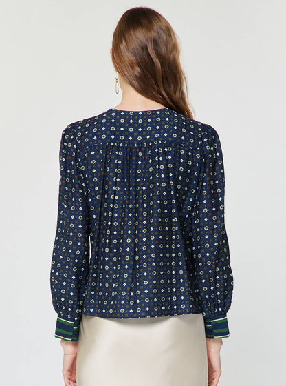 Geo Foulard Print Long Sleeve Blouse: Navy Multi