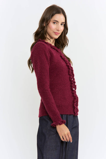 CEW26312 COZY RUFFLED-TRIMMED CARDIGAN: Burgundy / S-M-L(3-2-1)