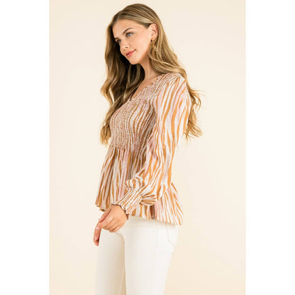 Smocked Zebra Print Top: GRAY / L