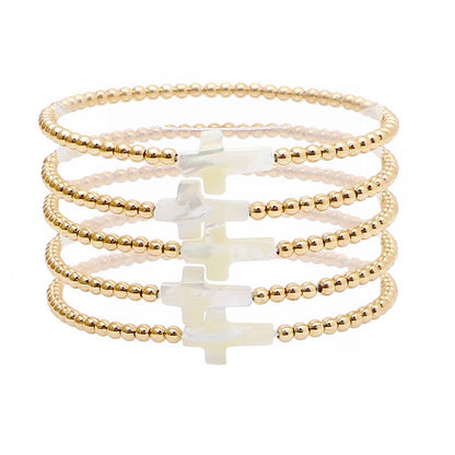 Mother of pearl cross multi layered beded stretch bracelet: Silver / ONE SIZE
