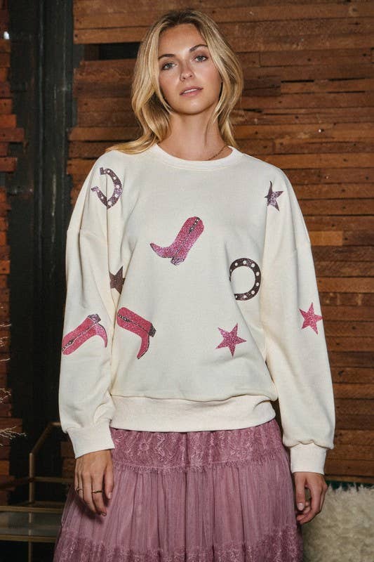 Cowboy Glitter Printed Sweatshirt: Black