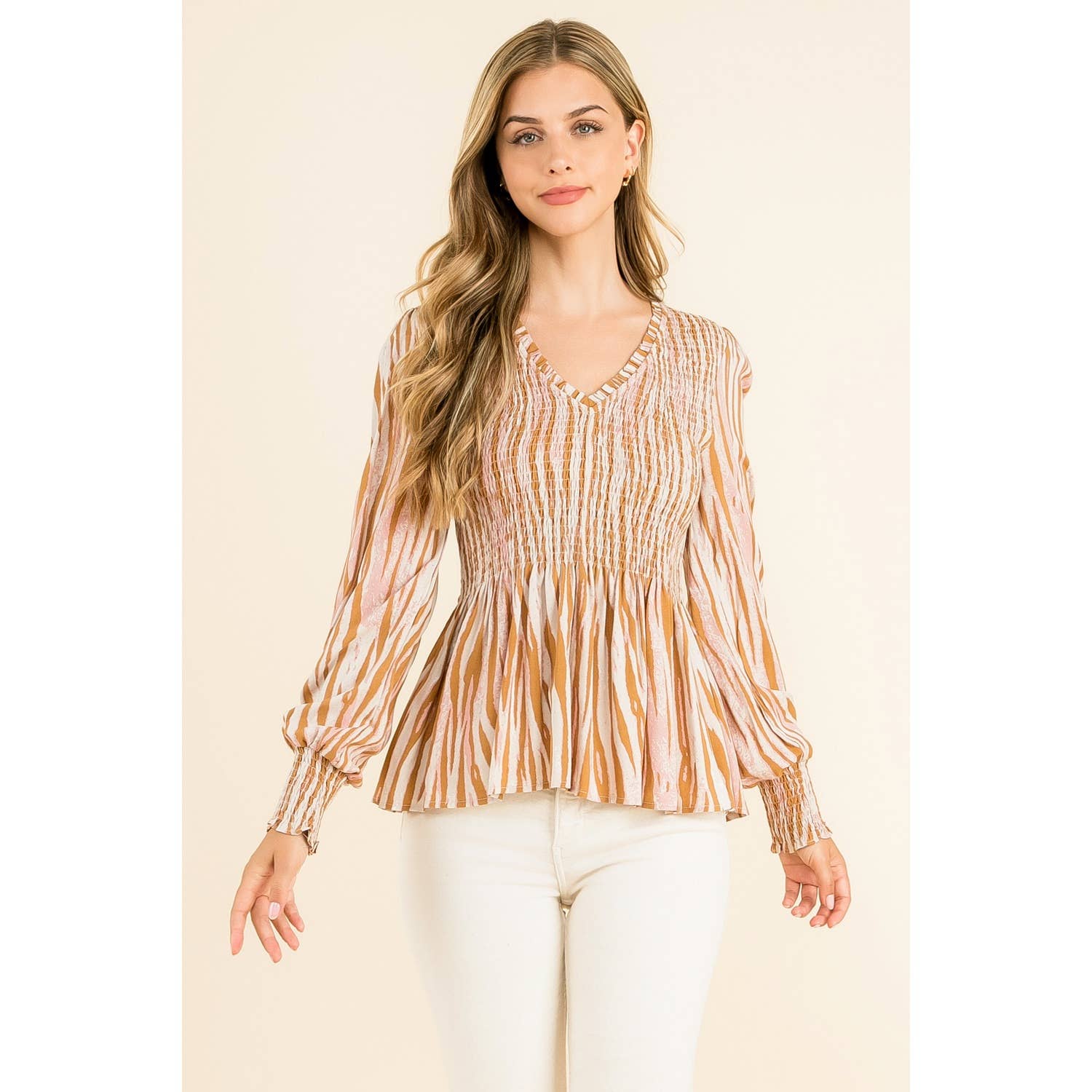 Smocked Zebra Print Top: GRAY / L