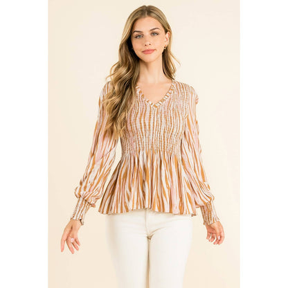 Smocked Zebra Print Top: GRAY / L
