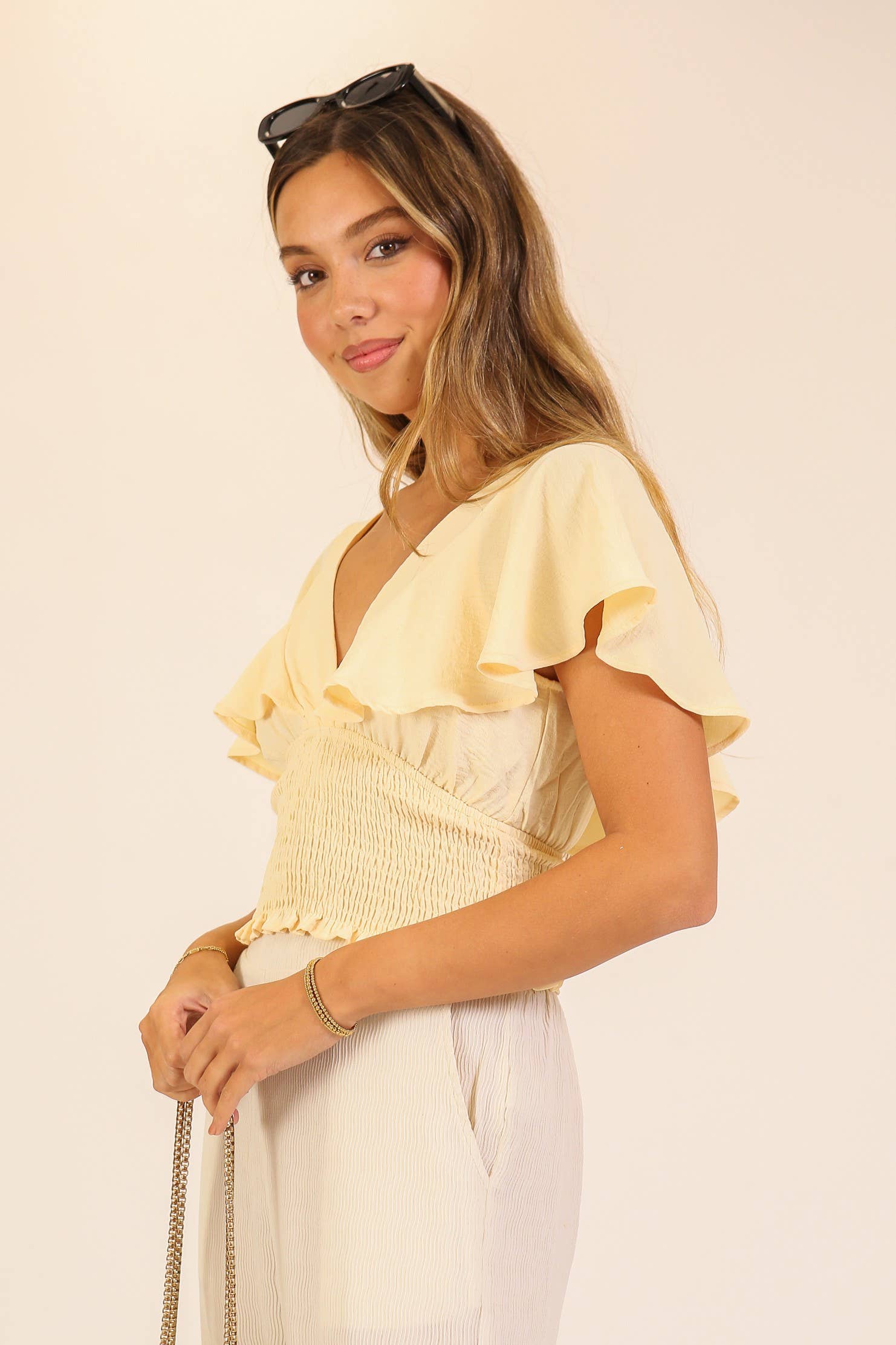 Spring Flutter Sleeve Smocked Wrap Top: Black / S