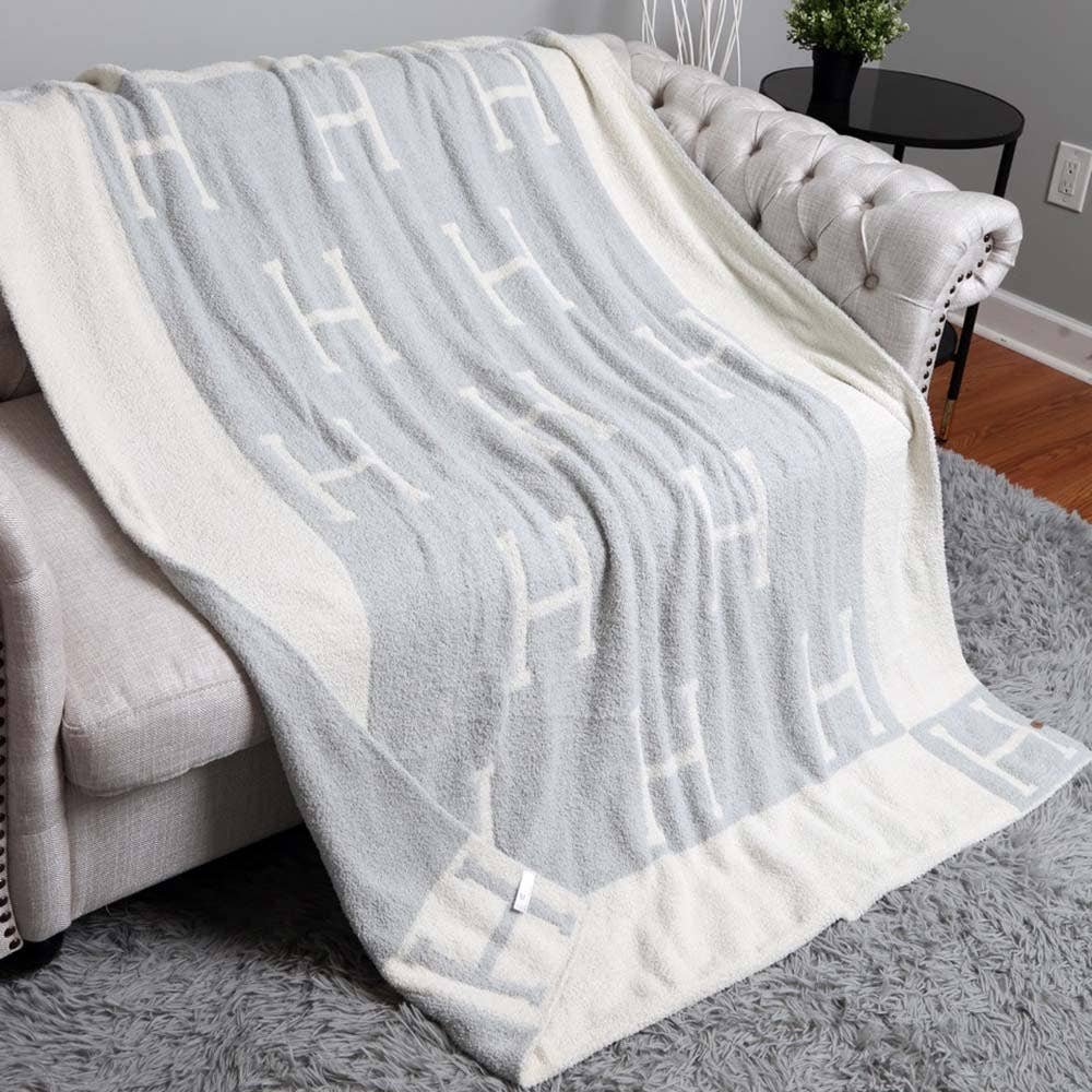 H Initial Monogram Patterned Reversible Throw Blanket: Black faux Hermes