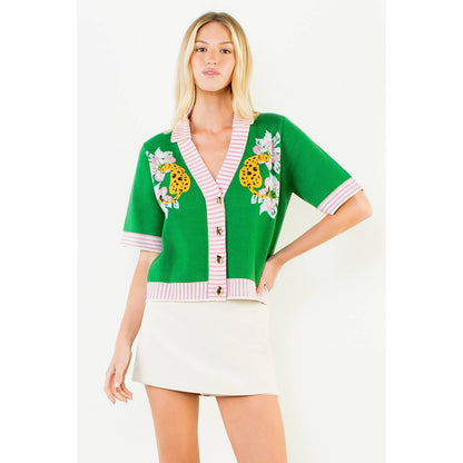 THML Button Up Collared Tiger Print Cardigan: GREEN