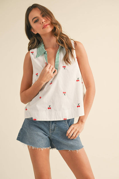 &amp;merci FRUIT EMBROIDERY COLLARED TANK  Cherry / size Small