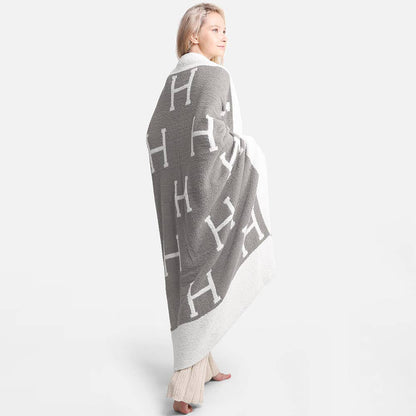 Faux Hermes Initial Monogram Patterned Reversible Throw Blanket: Gray