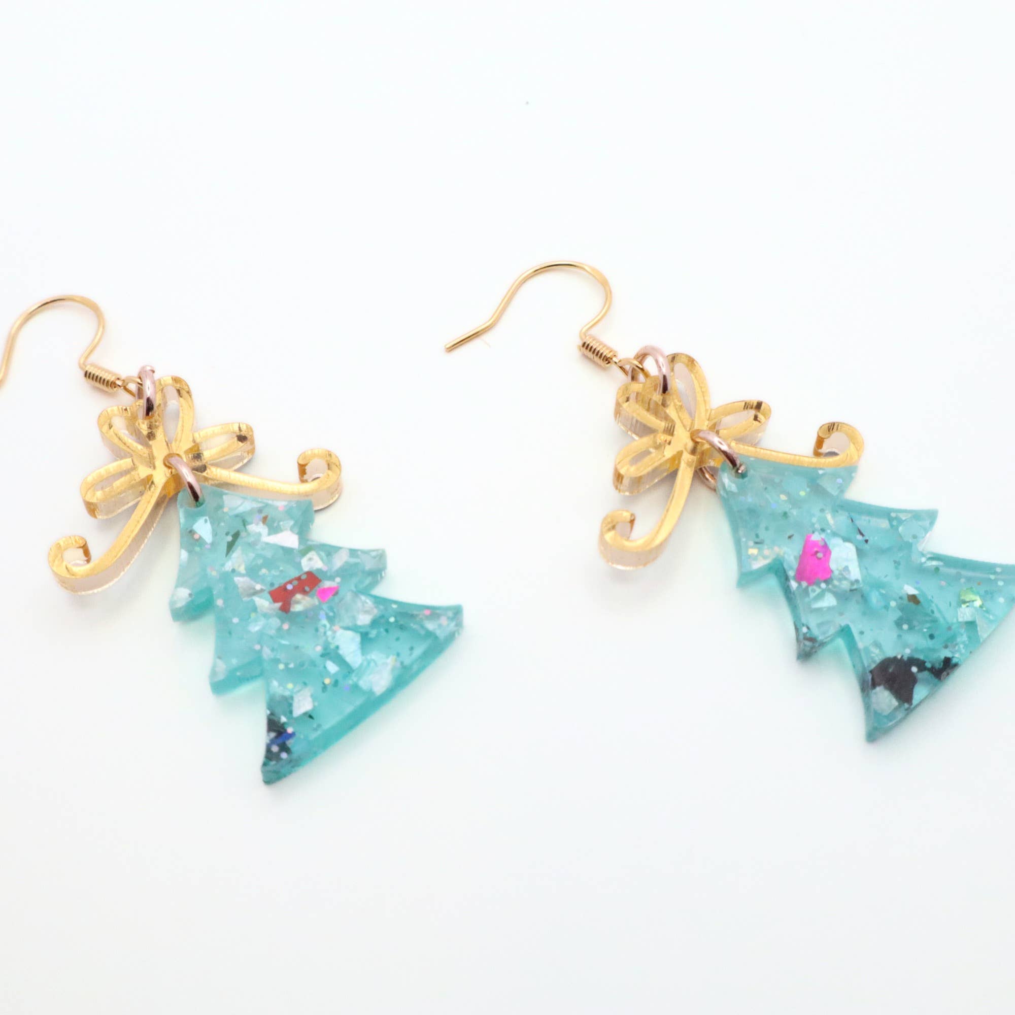 Christmas Tree Dangle Earrings with Glitter and Gold Bow