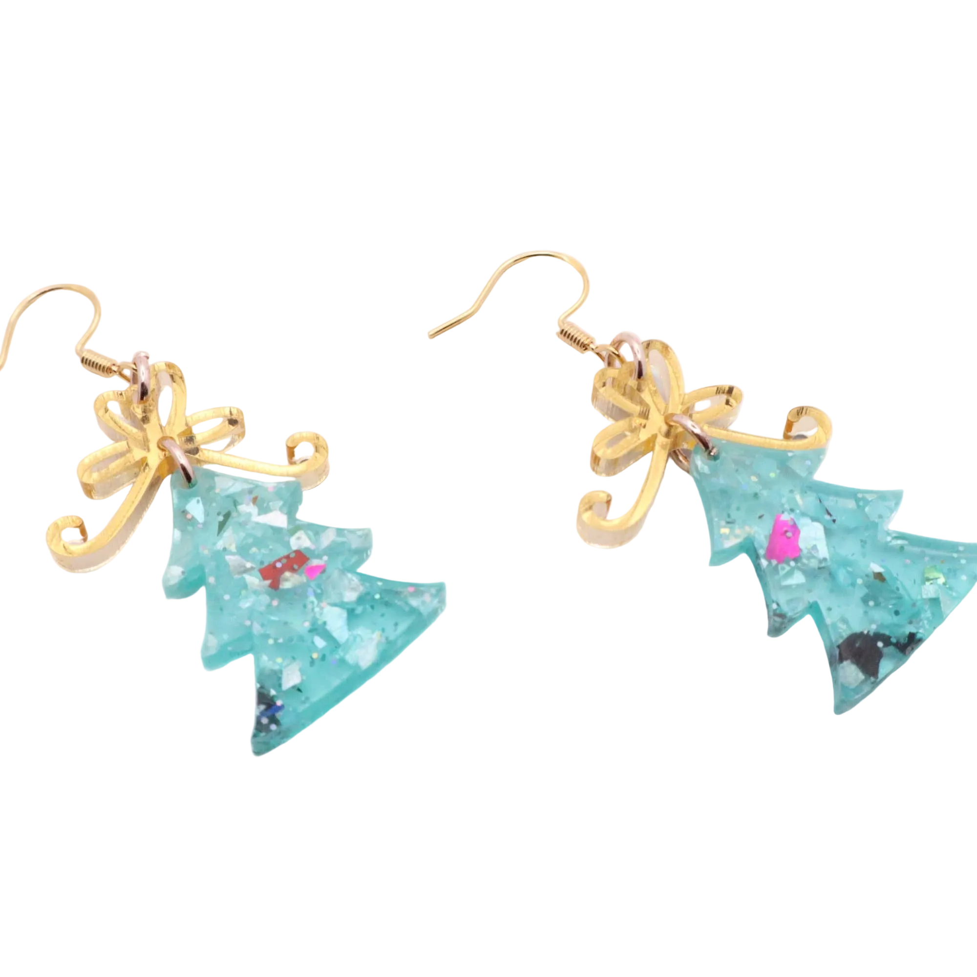 Christmas Tree Dangle Earrings with Glitter and Gold Bow Handmade