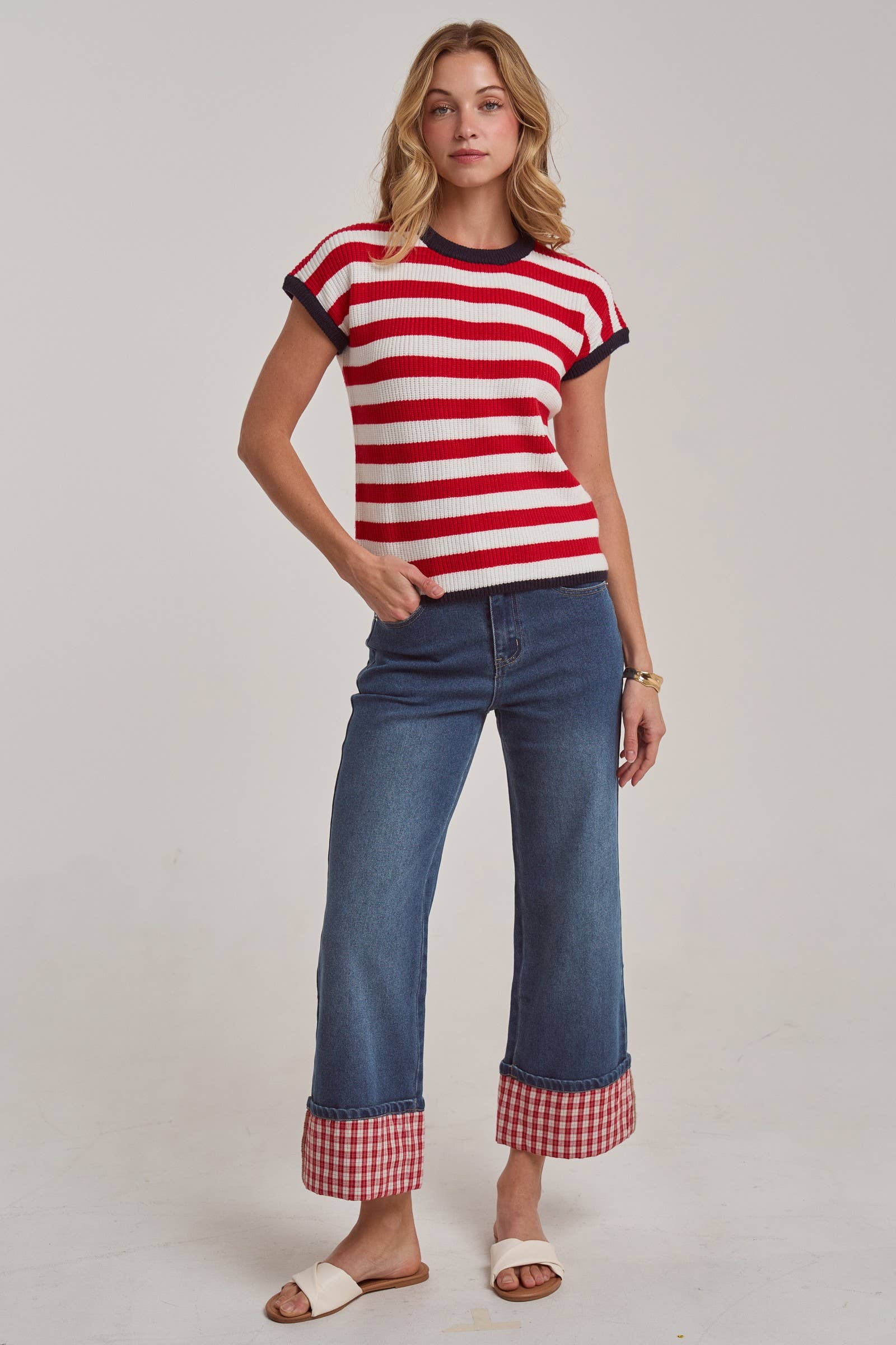 STRAIGHT LEG JEANS WITH GINGHAM CHECK CUFF HEM by BON: DENIM/RED CHECK