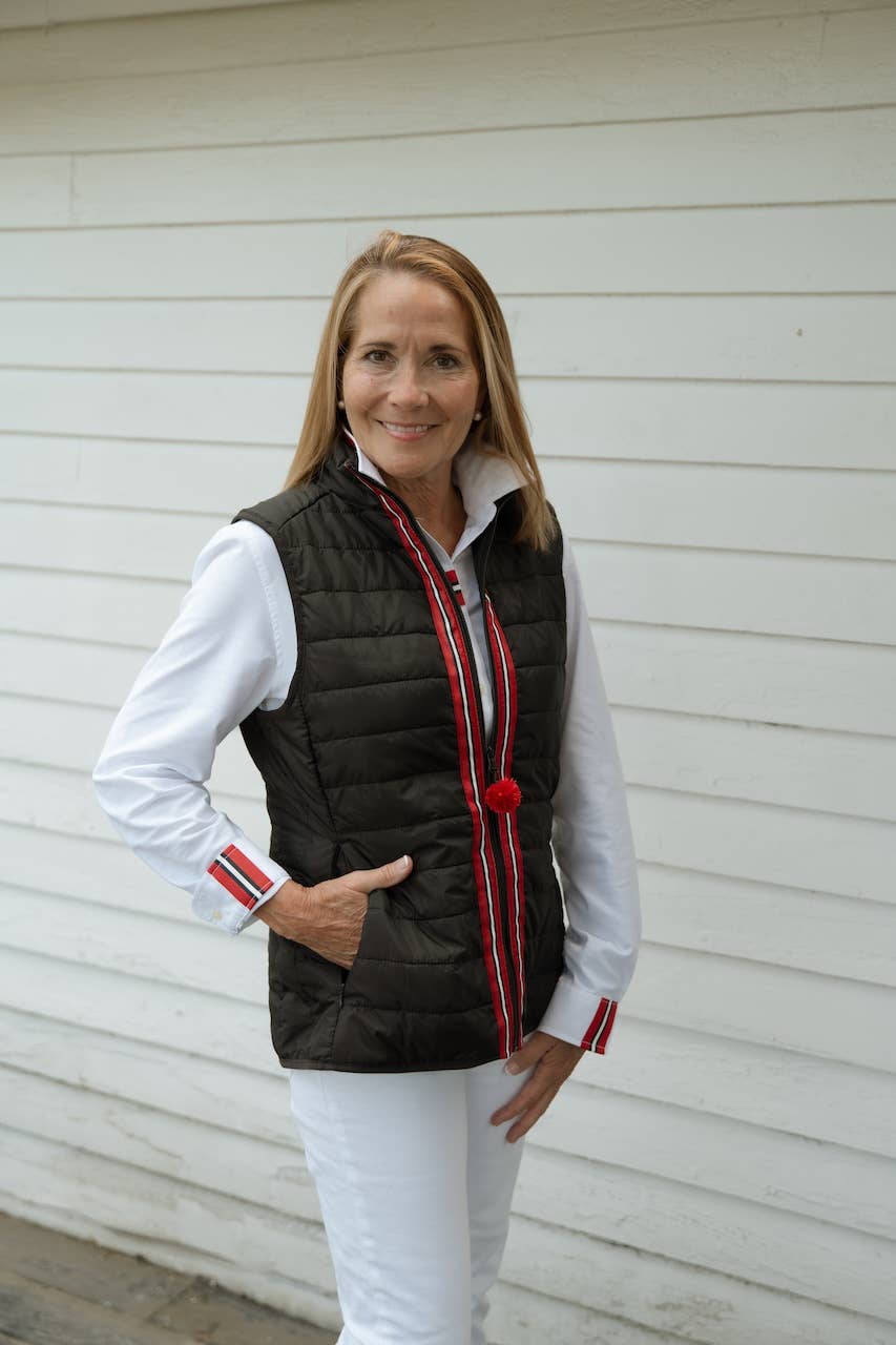 Maggie May Puffer Vest - Black w Black, White &amp; Red Stripe: Black w Black White &amp; Red Stripe Ribbon