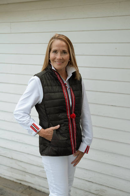 Maggie May Puffer Vest - Black w Black, White &amp; Red Stripe: Black w Black White &amp; Red Stripe Ribbon