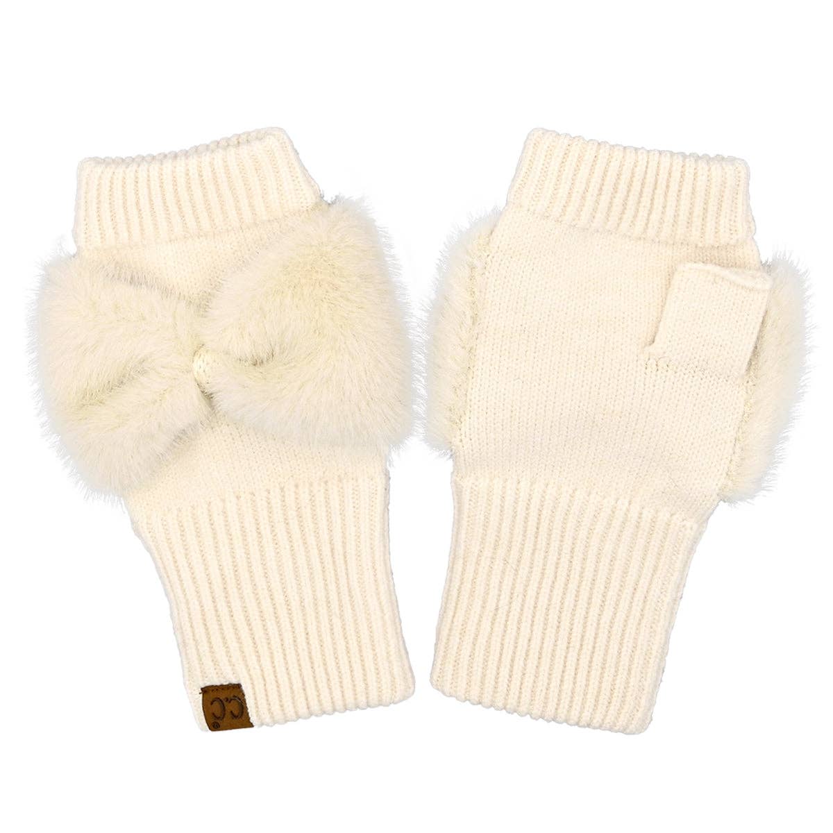 Faux Fur Bow Fingerless C.C Gloves FGE0155: Black