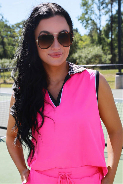 Everyday Polo Tank- Neon Pink Safari Chic: Pink/Leopard / 2XL
