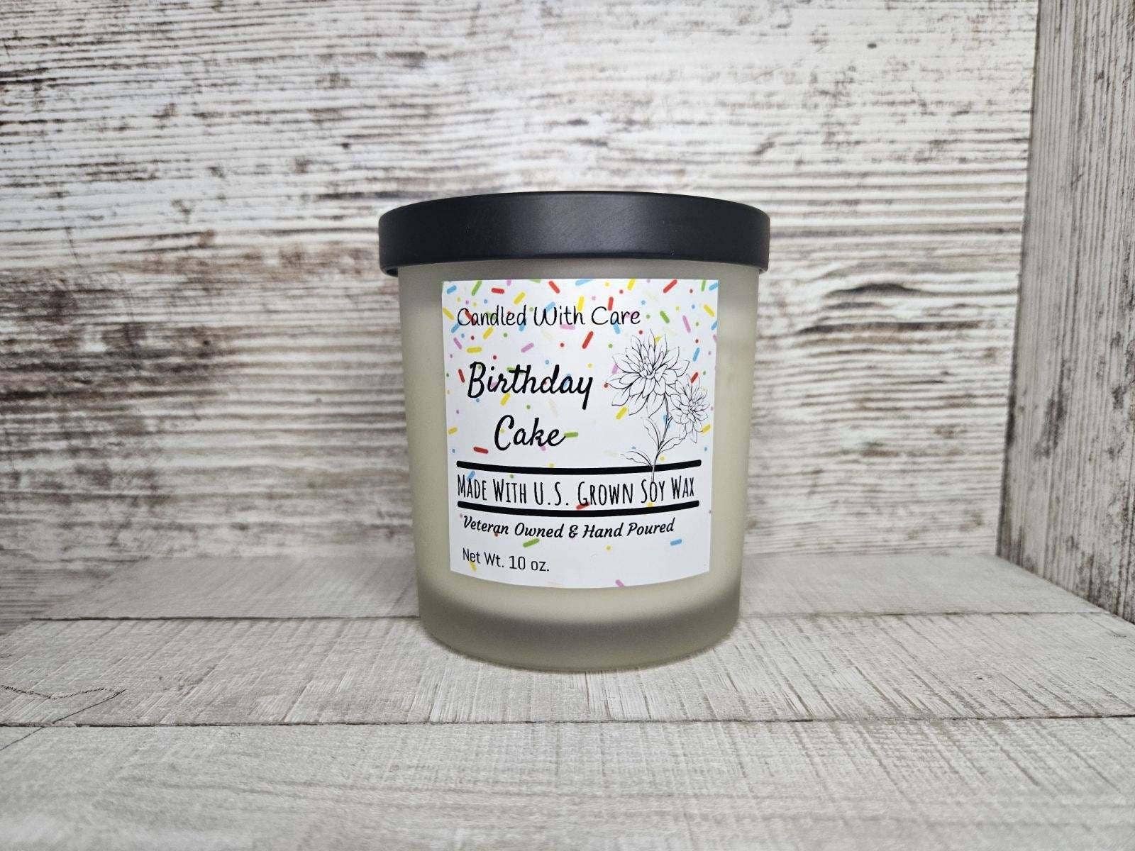 Natural Soy Wax Birthday Cake Candle with Wood Wick: 12.5 oz.