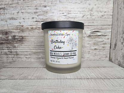 Natural Soy Wax Birthday Cake Candle with Wood Wick: 12.5 oz.