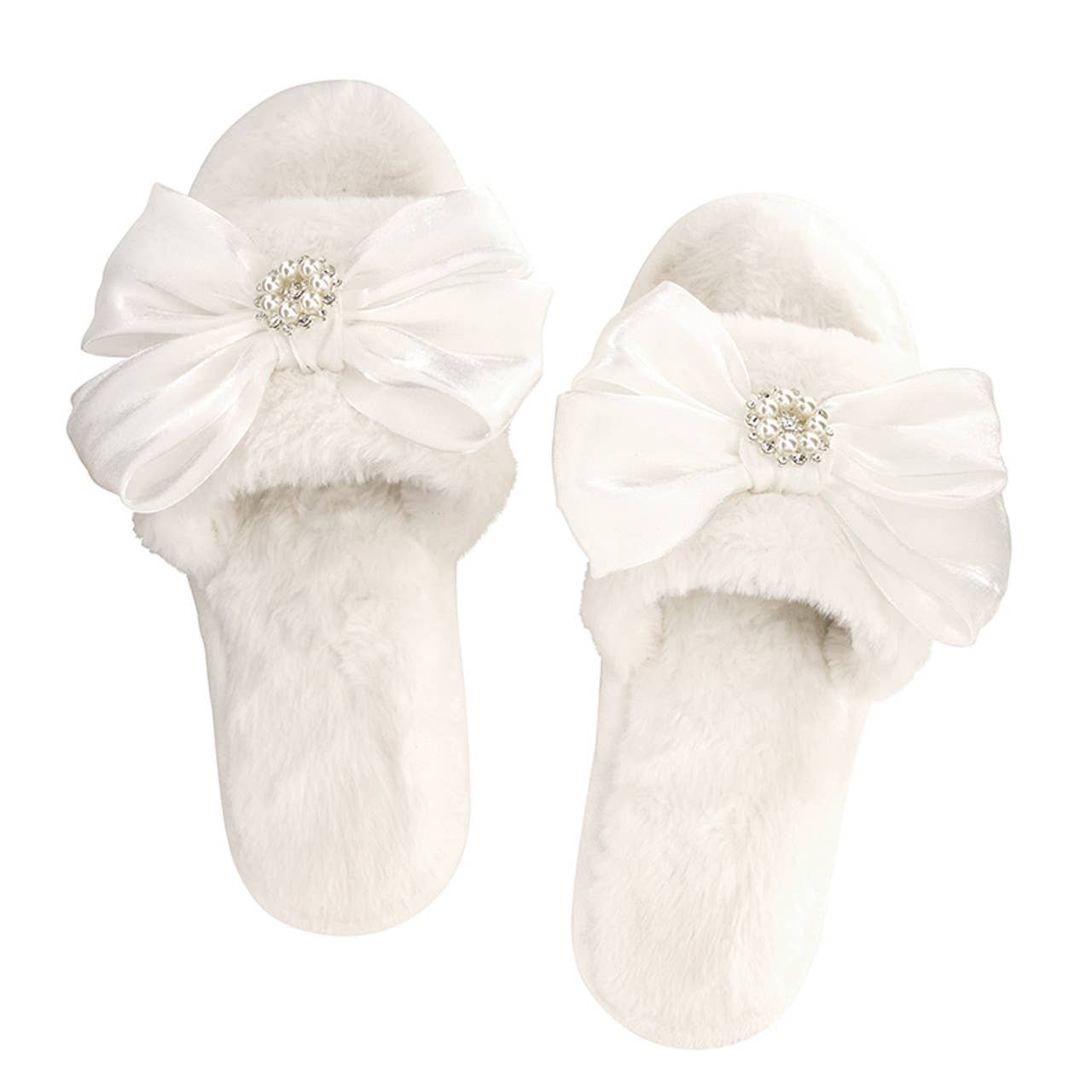 Bella Bridal Plush Slippers - White Crystal Bow: Base Material: 100% Polyester