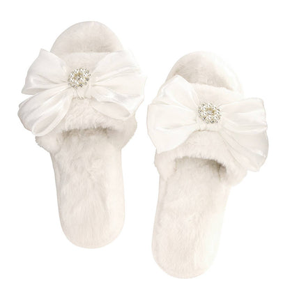 Bella Bridal Plush Slippers - White Crystal Bow: Base Material: 100% Polyester