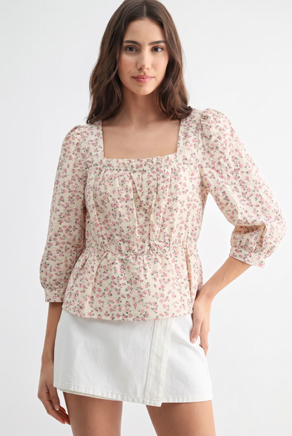 C12606A Floral Square Neck Blouse: IVORY MULTI / S-M-L (3-2-1)