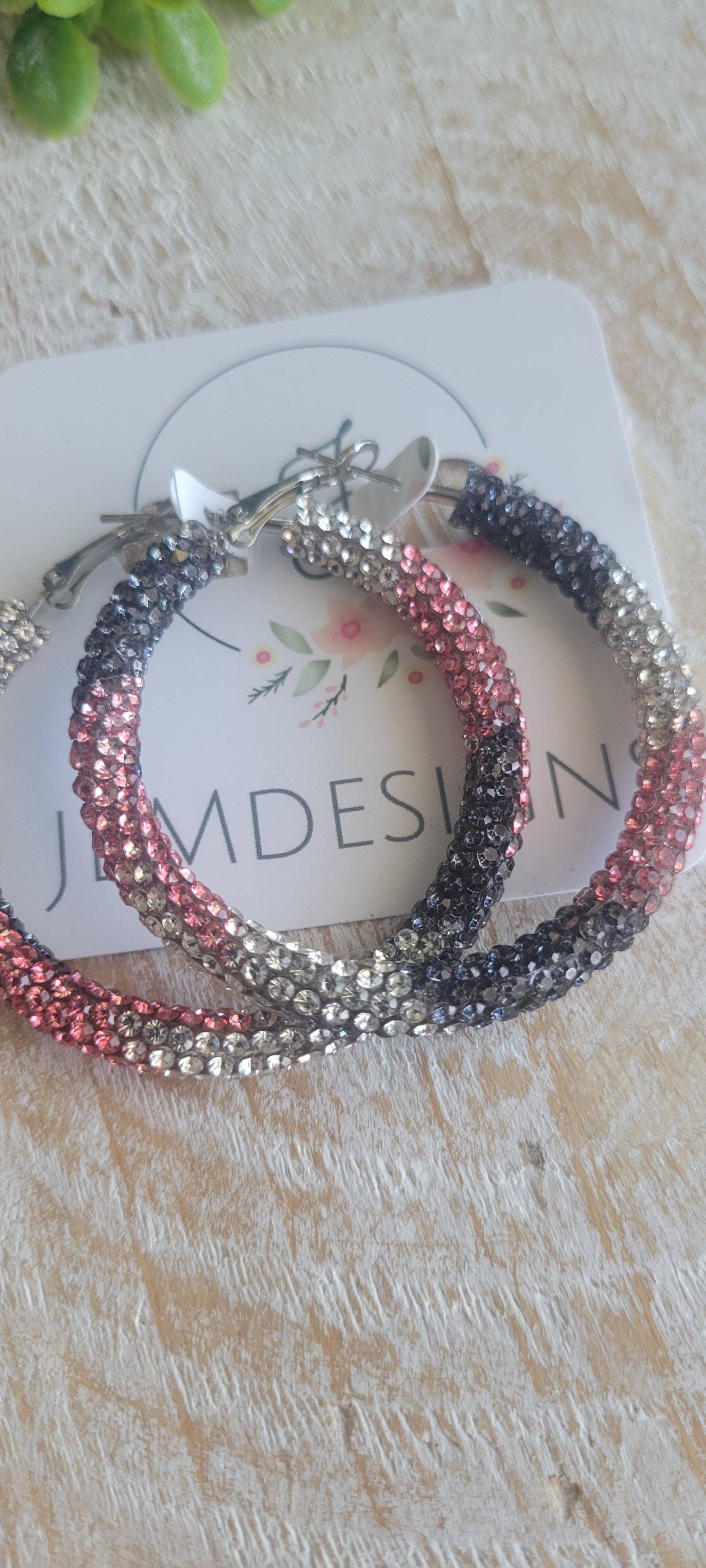 Pink and Black Rhinestone Hoop Earrings: Small