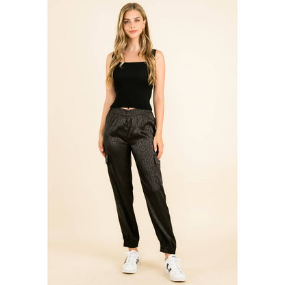 THML Black Cheetah Print Jogger Pants with Side Pockets: BLACK