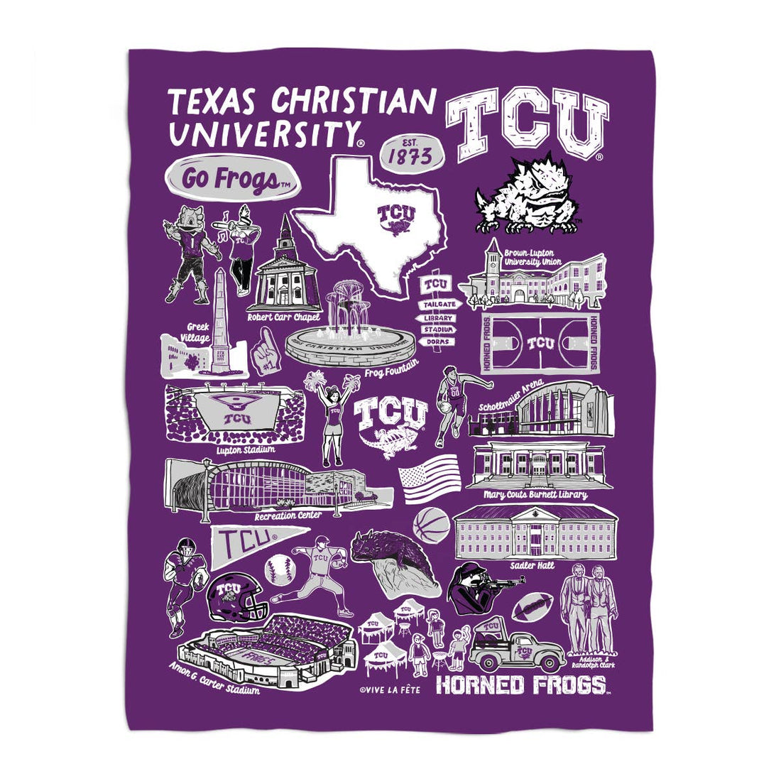 TCU Horned Frogs Hand Sketched Minky Blanket: Purple
