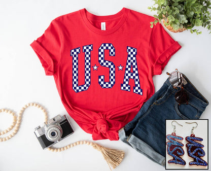 Blue Checkered USA Patriotic Tee: Red Tee