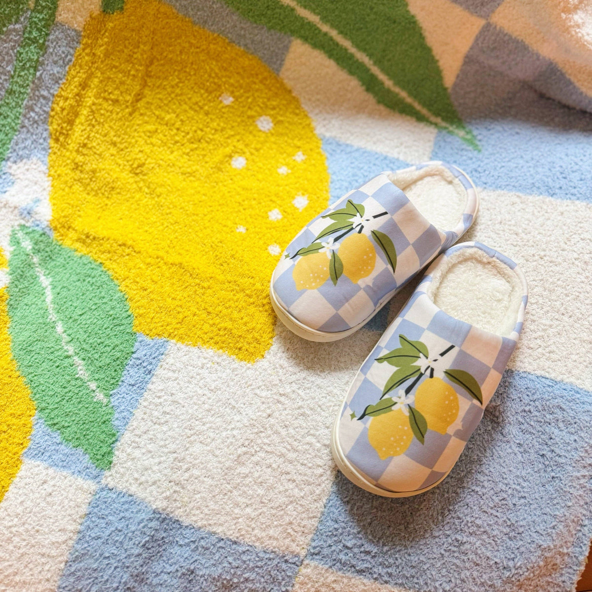 Lemon Drop Gingham Lounge Slippers - Sweet &amp; Cozy: S/M
