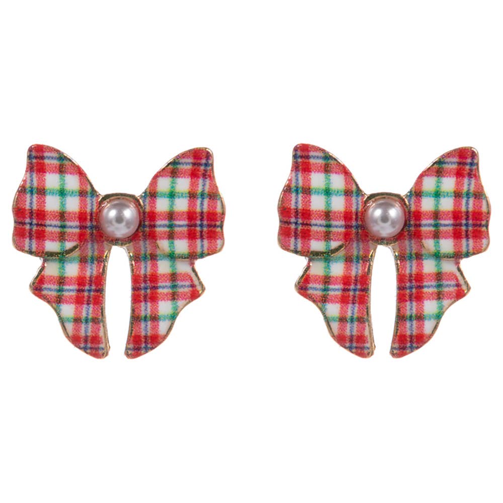 Pearl Accent Holiday Plaid Bow Stud Earrings: Green,Red