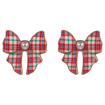 Pearl Accent Holiday Plaid Bow Stud Earrings: Green,Red