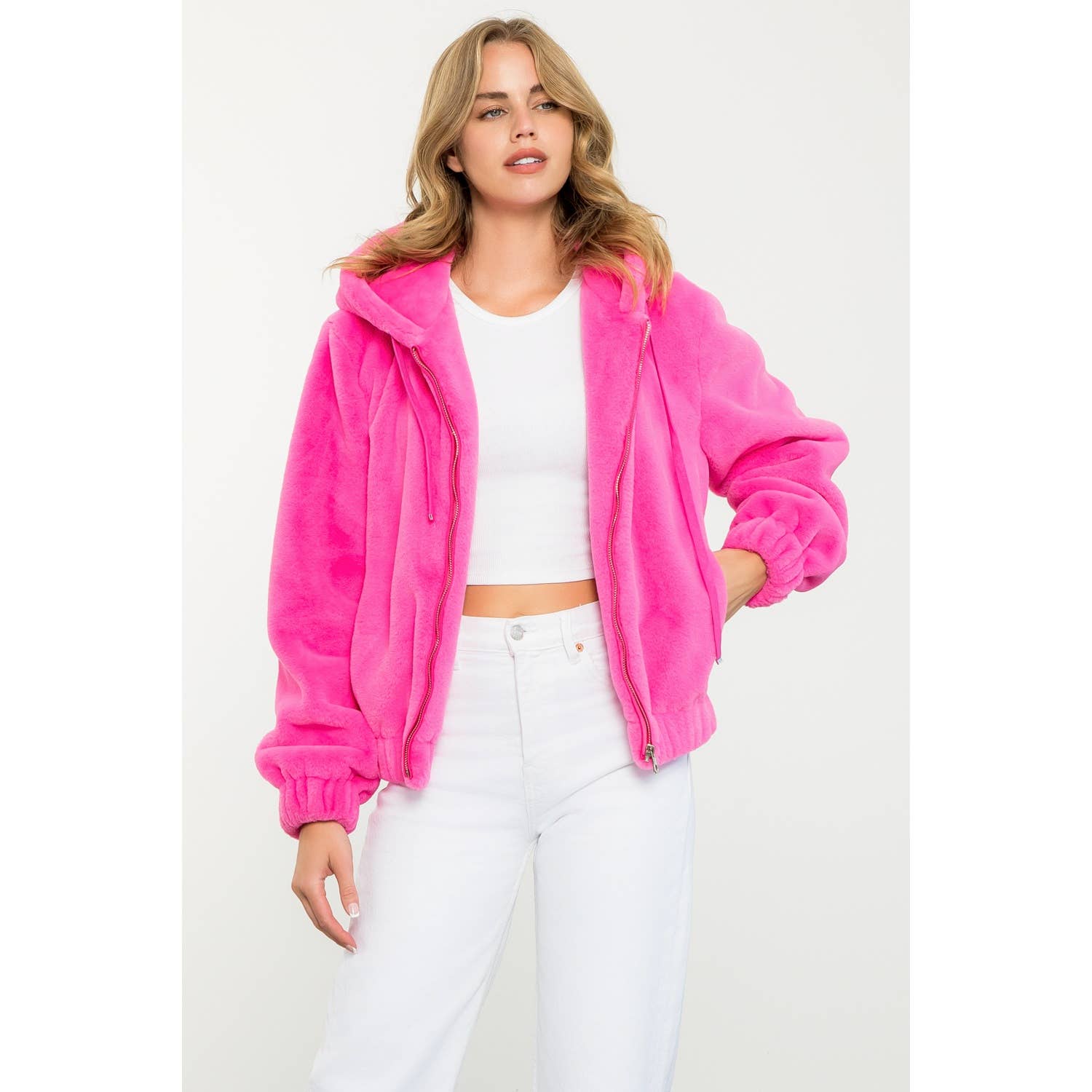 Faux Fur Jacket: PINK / XS-S-M-L(1-2-2-1)
