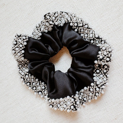 Pearls And Beads Satin Hair Scrunch: Black
