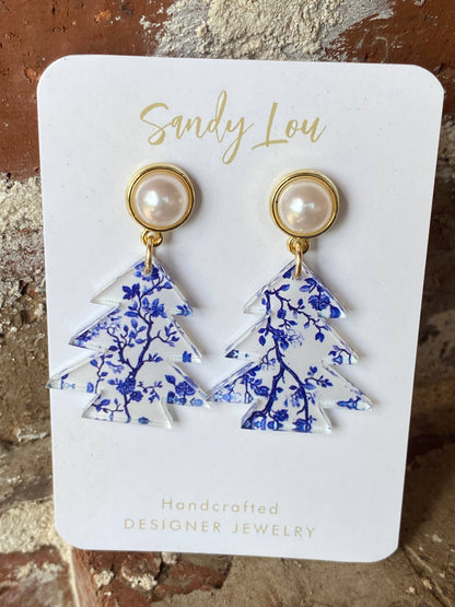 Blue Willow Festive Holiday Tree Earrings: Small 1.5&quot;