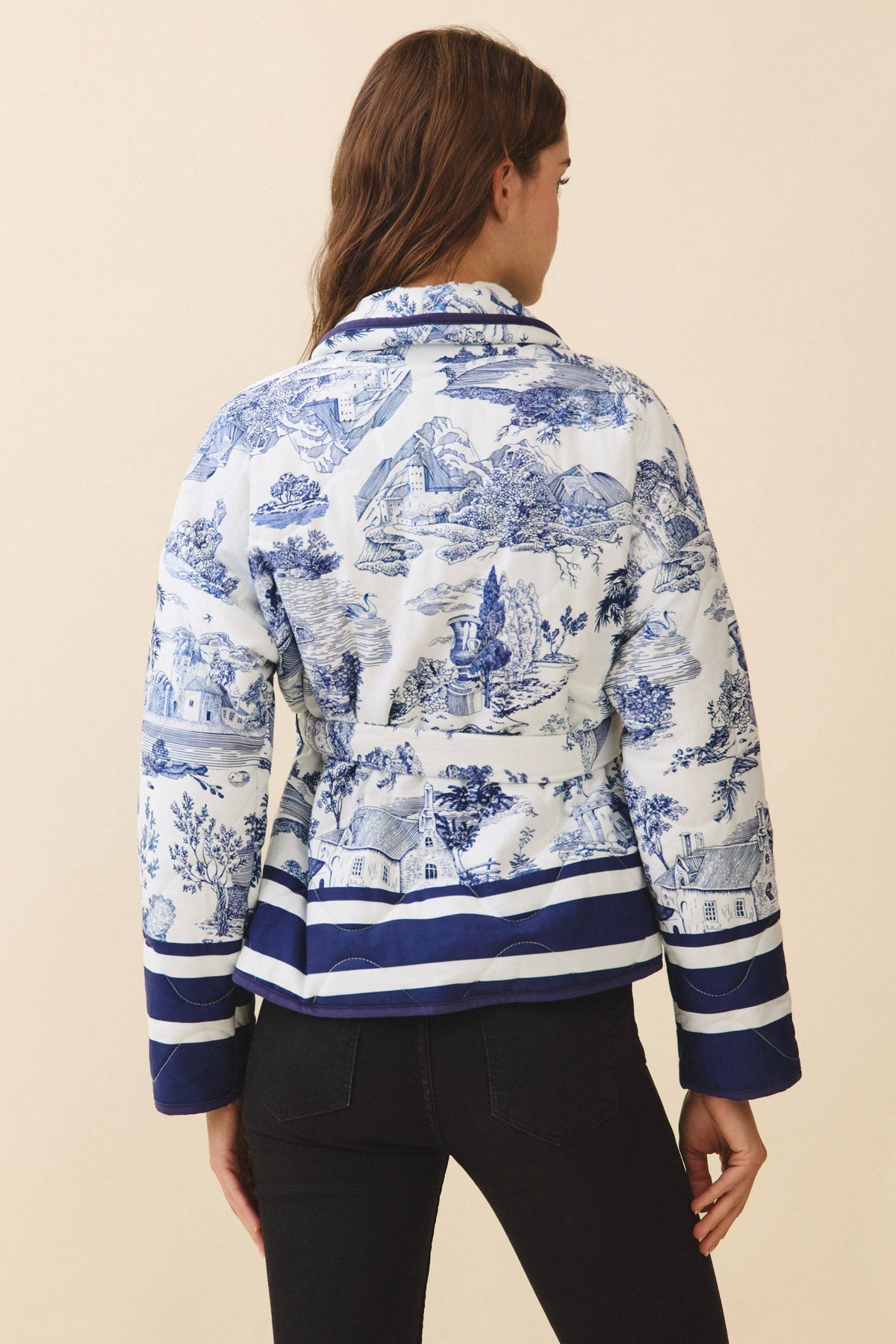 CJ6647-Toile Print Striped Accents Detachable Belt Jacket: NAVY / S