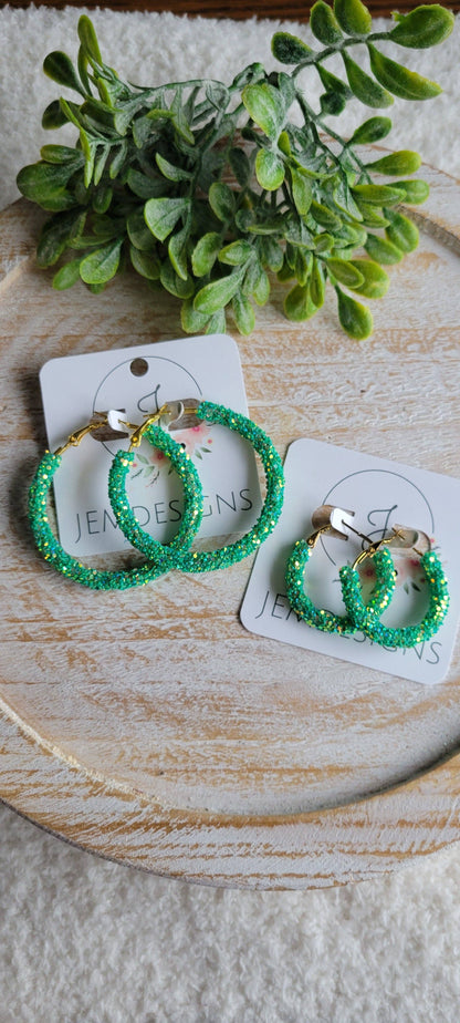 Green Glitter Hoop Earrings: Large