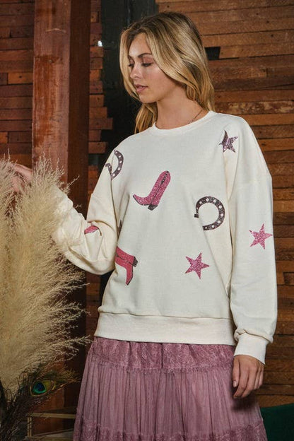 Cowboy Glitter Printed Sweatshirt: Black