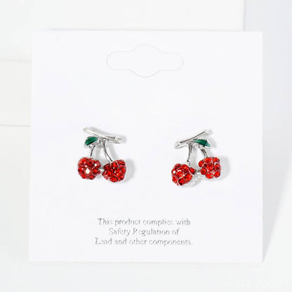 Rhinestone Pave Cherry Stud Earrings RED