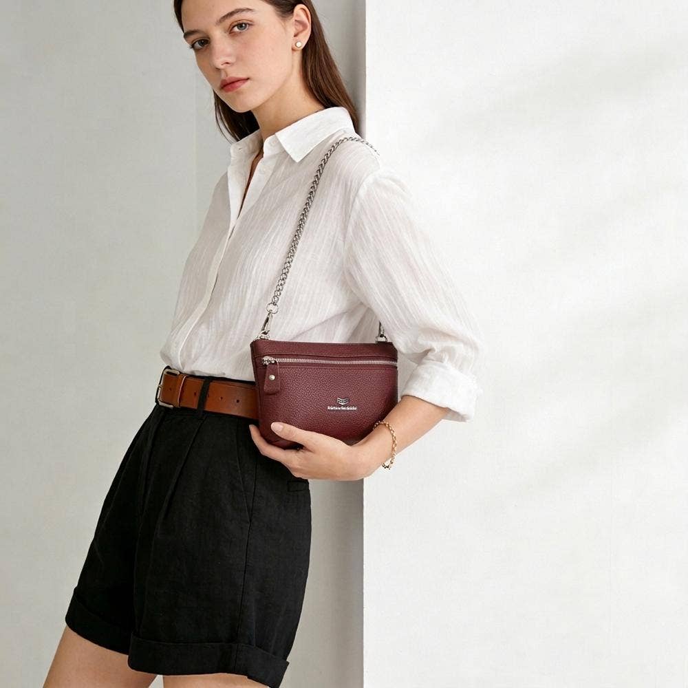 Genuine Leather RFID Crossbody Wallet: WineRed