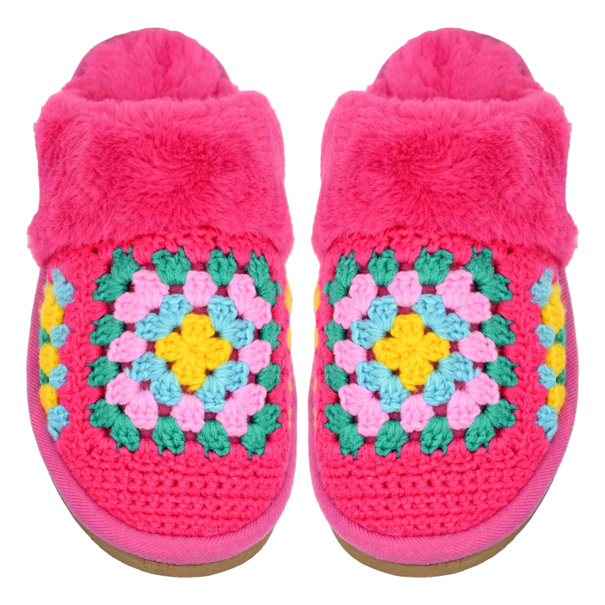 Pink slippers with floral crochet patterns by C.C. Slippers 