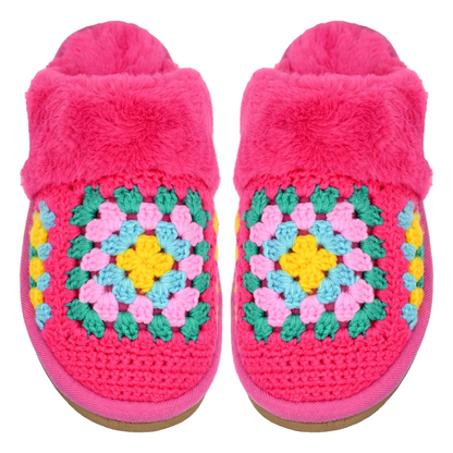 Pink slippers with floral crochet patterns by C.C. Slippers 