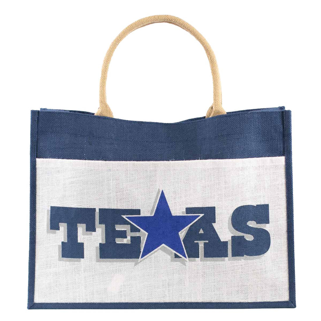 Texas Star Jute Pocket Tote   Blue/White/Gray   19x14x7.5