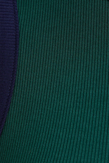 ROUND NECK SLEEVELESS RIBBED COLOR BLOCK BODYSUIT: DK GREEN-NAVY / M