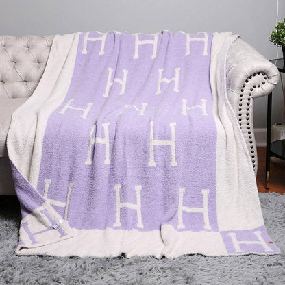 H Initial Monogram Patterned Reversible Throw Blanket: Black faux Hermes