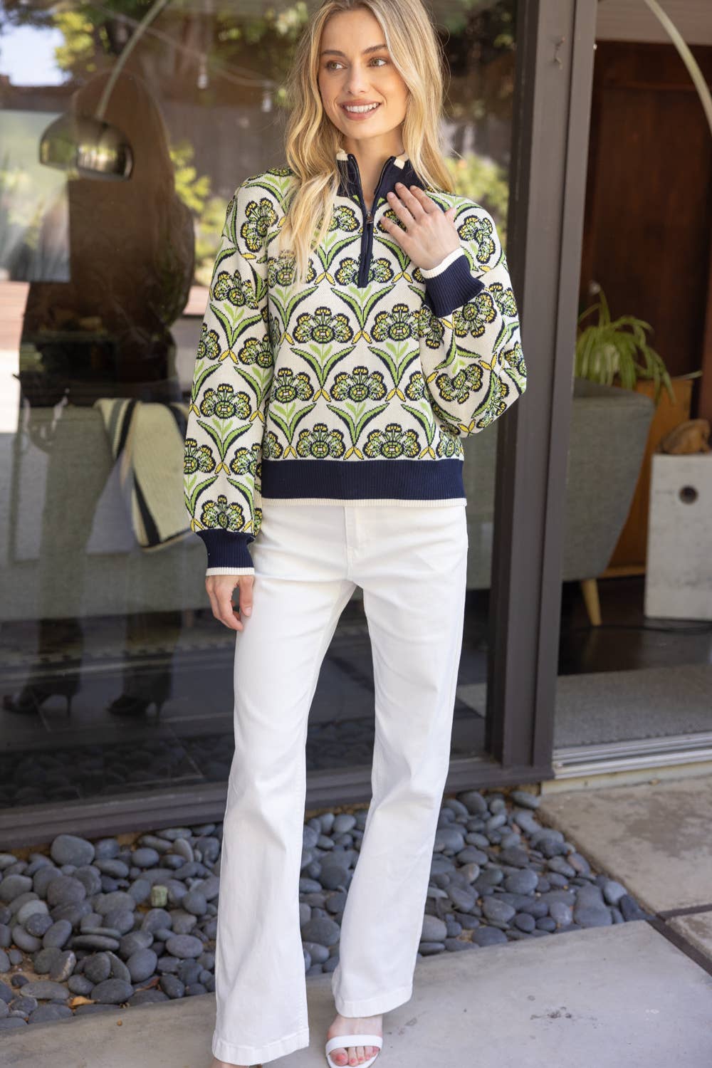 Green Floral Zip Up Sweater: Green