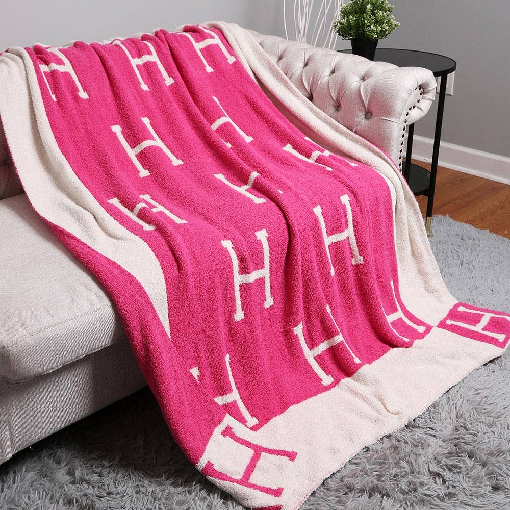 H Initial Monogram Patterned Reversible Throw Blanket: Black faux Hermes
