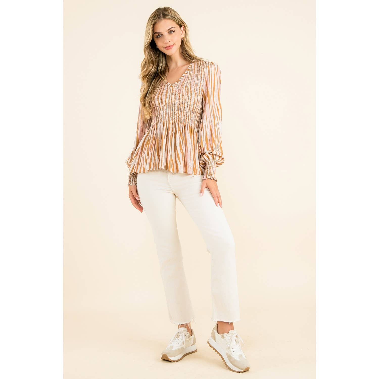 Smocked Zebra Print Top: GRAY / S