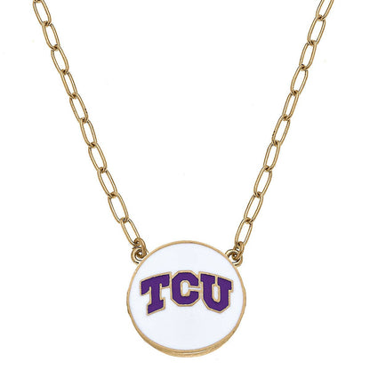 TCU Horned Frogs Enamel Disc Pendant Necklace in White