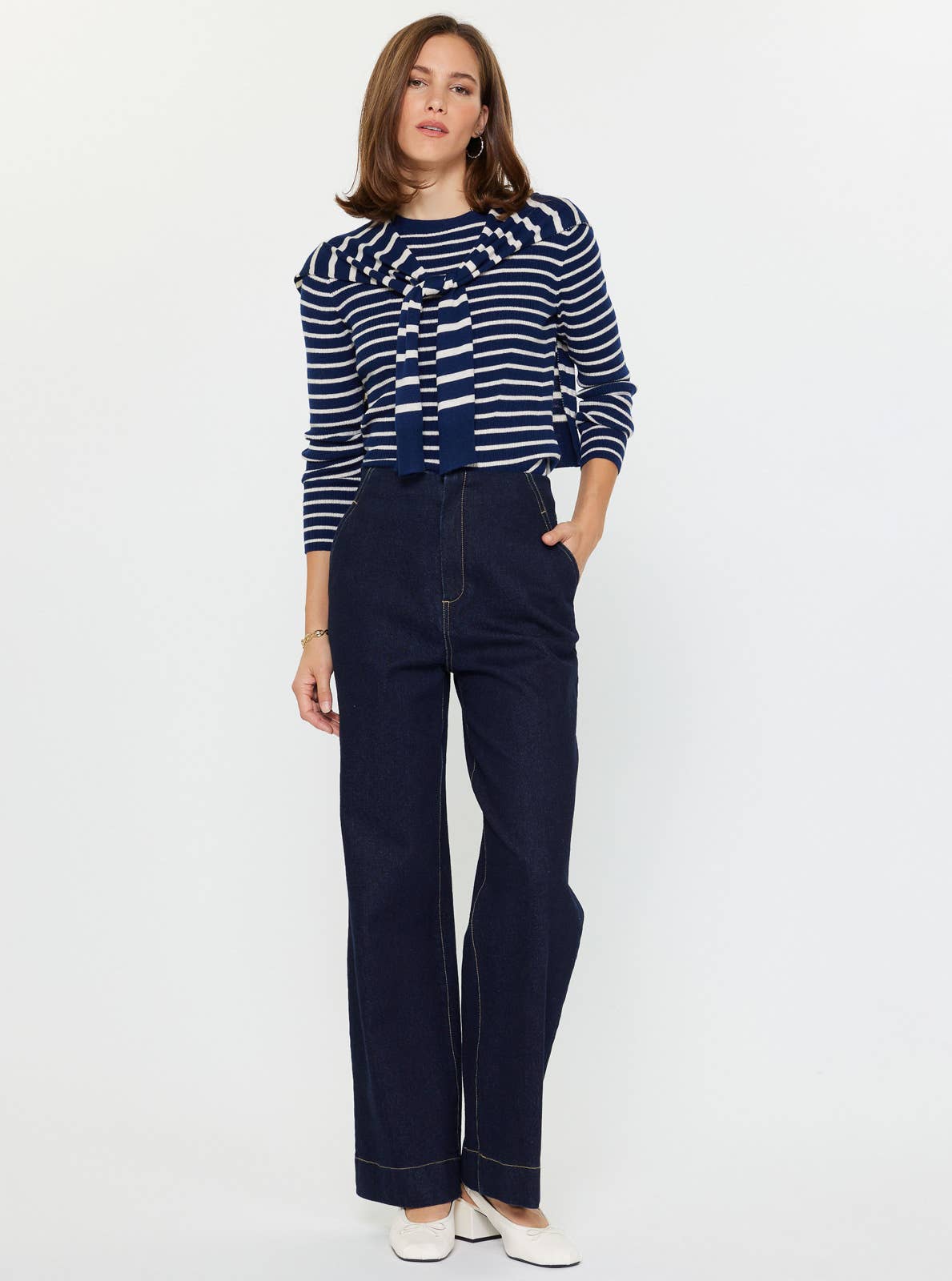 Striped Long Sleeve Sweater W/faux Cardigan by Current Air: Navy Stripe