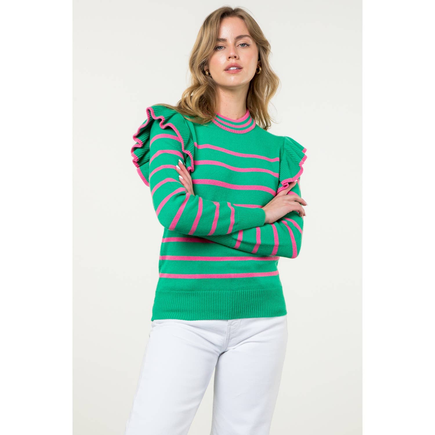 Flutter Detail Striped Sweater: GREEN / M
